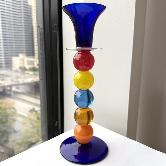 Jiri Suhajek Czech Moser Studio Art Glass Candlestick 10 1/2" - Colorful Rainbow - Picture 1 of 11